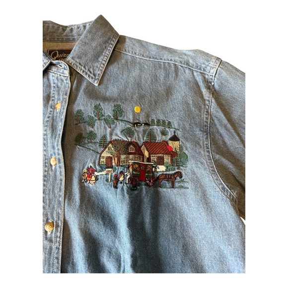 Vtg Denim Shirt Size S Christmas Winter Wonderland Embroidered Oversized Art - Picture 11 of 11